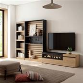 Muebles de Salón para TV, Roble y negro, Chimenea eléctrica