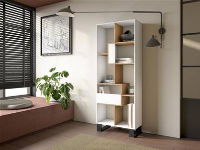 Librería estantería, 174x67x31, Diseño industrial, Blanco y roble