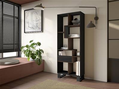 Librería estantería, 174x67x31, Diseño industrial, Negro y Roble oscuro