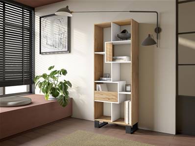 Librería estantería, 174x67x31, Diseño industrial, Roble y blanco