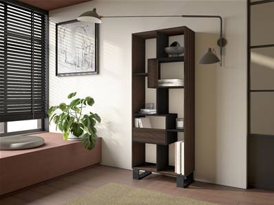 Librería estantería, 174x67x31, Diseño industrial, Roble oscuro y Negro