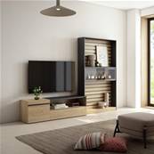 Muebles de Salón para TV, Roble y negro, Chimenea eléctrica