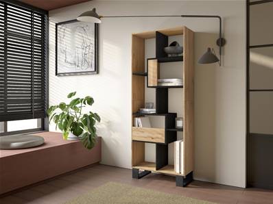 Librería estantería, 174x67x31, Diseño industrial, Roble y negro