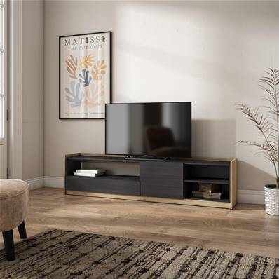 Mueble TV, Televisión, 207x50x37 cm, Para TV hasta 80", Con almacenamiento, Negro y roble