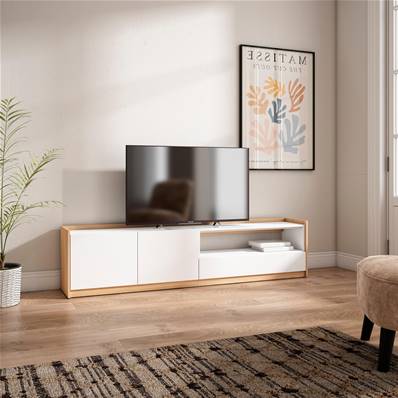 Mueble TV, Televisión, 207x50x37 cm, Para TV hasta 80", Con almacenamiento, Blanco y roble soft