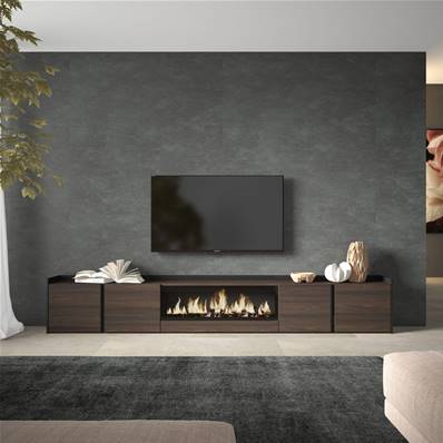 Mueble TV, Televisión, 315x50x35 cm, Para TV hasta 80", Chimenea eléctrica XXL, Roble oscuro y Negro