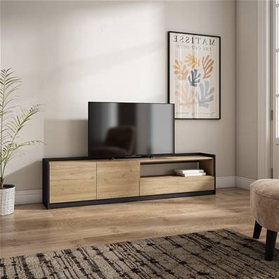 Mueble TV, Televisión, 207x50x37 cm, Para TV hasta 80", Con almacenamiento, Roble y negro