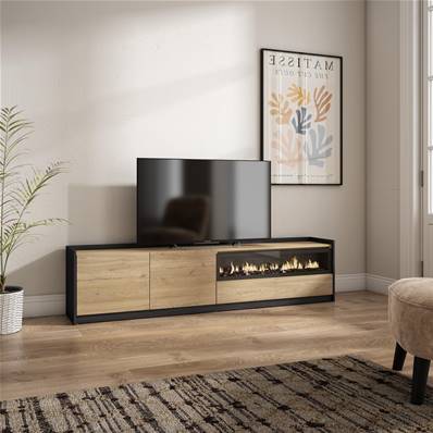 Mueble TV, Televisión, 207x50x37 cm, Para TV hasta 80", Chimenea eléctrica, Roble y negro