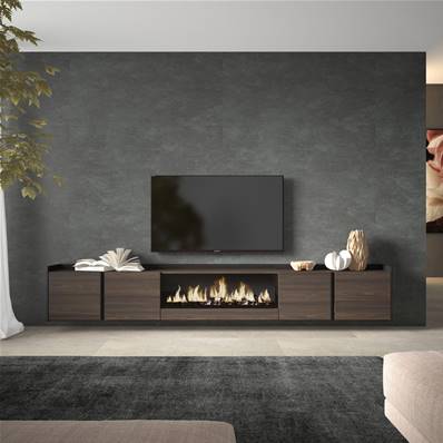 Mueble TV, Televisión, 315x50x35 cm, Para TV hasta 80", Chimenea eléctrica XXL, Colgado, Suspendido, Roble oscuro y Negro