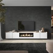 Mueble TV, Televisión, 315x50x35 cm, Para TV hasta 80", Chimenea eléctrica XXL, Colgado, Suspendido, Blanco y roble soft