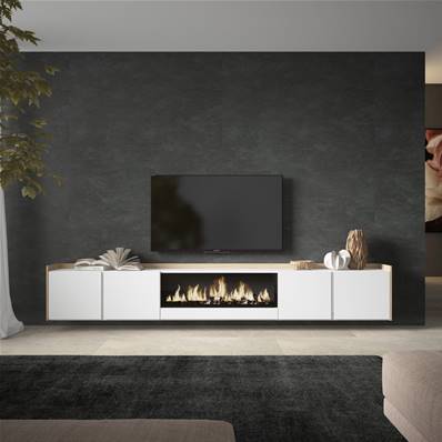 Mueble TV, Televisión, 315x50x35 cm, Para TV hasta 80", Chimenea eléctrica XXL, Colgado, Suspendido, Blanco y roble soft