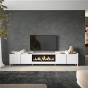 Mueble TV, Televisión, 315x61x35 cm, Para TV hasta 80", Chimenea eléctrica XXL, Diseño industrial, LED, Blanco y roble soft