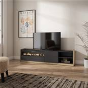 Mueble TV, Televisión, 207x50x37 cm, Para TV hasta 80", Chimenea eléctrica, Negro y roble