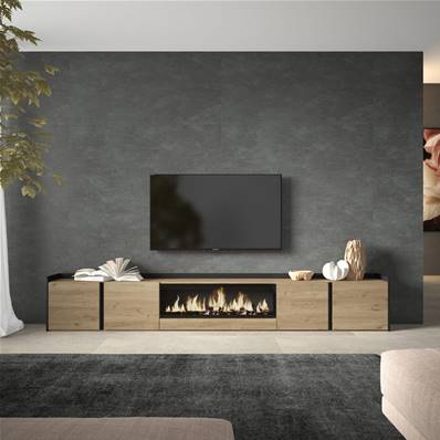 Mueble TV, Televisión, 315x50x35 cm, Para TV hasta 80", Chimenea eléctrica XXL, Roble y negro