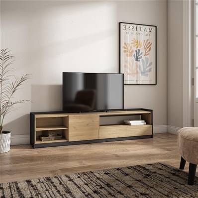 Mueble TV, Televisión, 207x50x37 cm, Para TV hasta 80", Con almacenamiento, Roble y negro