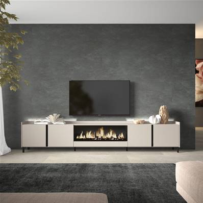 Mueble TV, Televisión, 315x61x35 cm, Para TV hasta 80", Chimenea eléctrica XXL, Diseño industrial, LED, Beige