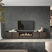 Mueble TV, Televisión, 315x61x35 cm, Para TV hasta 80", Chimenea eléctrica XXL, Diseño industrial, Roble oscuro y Negro