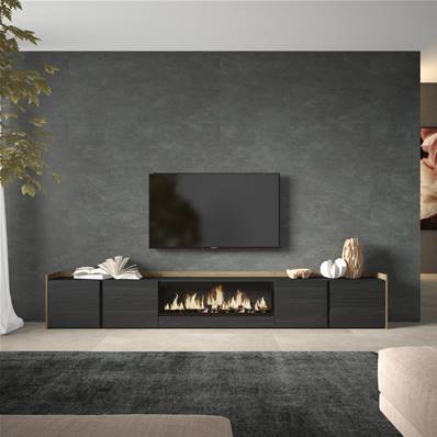 Mueble TV, Televisión, 315x50x35 cm, Para TV hasta 80", Chimenea eléctrica XXL, Negro y roble