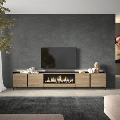 Mueble TV, Televisión, 315x61x35 cm, Para TV hasta 80", Chimenea eléctrica XXL, Diseño industrial, LED, Roble y negro