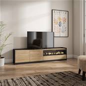 Mueble TV, Televisión, 207x50x37 cm, Para TV hasta 80", Chimenea eléctrica, Roble y negro