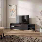 Mueble TV, Televisión, 207x50x37 cm, Para TV hasta 80", Con almacenamiento, Negro y roble