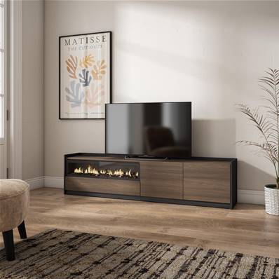Mueble TV, Televisión, 207x50x37 cm, Para TV hasta 80", Chimenea eléctrica, Roble oscuro y Negro