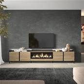 Mueble TV, Televisión, 315x61x35 cm, Para TV hasta 80", Chimenea eléctrica XXL, Diseño industrial, LED, Roble y negro