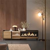 Mueble TV, Televisión, 212x61x35 cm, Para TV hasta 80", Chimenea eléctrica XXL, Diseño industrial, LED, Roble y negro