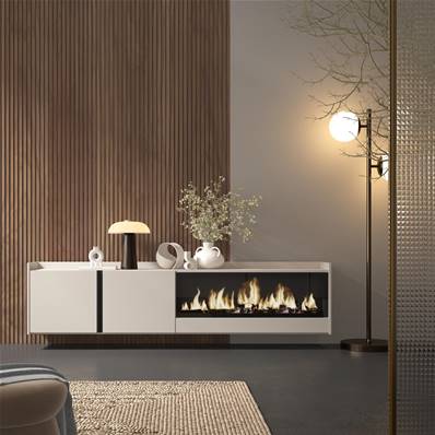 Mueble TV, Televisión, 212x50x35 cm, Para TV hasta 80", Chimenea eléctrica XXL, Colgado, Suspendido, Beige