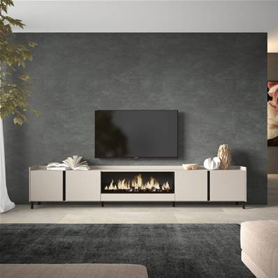 Mueble TV, Televisión, 315x61x35 cm, Para TV hasta 80", Chimenea eléctrica XXL, Diseño industrial, Beige