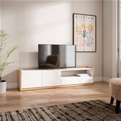 Mueble TV, Televisión, 207x50x37 cm, Para TV hasta 80", Con almacenamiento, Blanco y roble soft