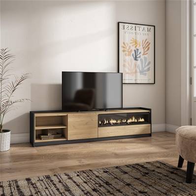 Mueble TV, Televisión, 207x50x37 cm, Para TV hasta 80", Chimenea eléctrica, Roble y negro