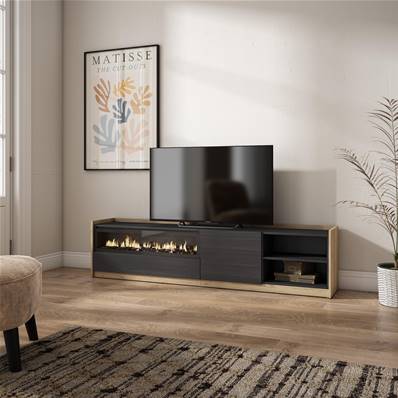 Mueble TV, Televisión, 207x50x37 cm, Para TV hasta 80", Chimenea eléctrica, Negro y roble