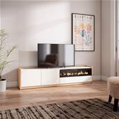Mueble TV, Televisión, 207x50x37 cm, Para TV hasta 80", Chimenea eléctrica, Blanco y roble soft