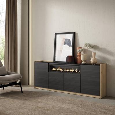 Aparadores para salón, 207x80x37 cm, 4 Puertas, Chimenea eléctrica, Negro y roble