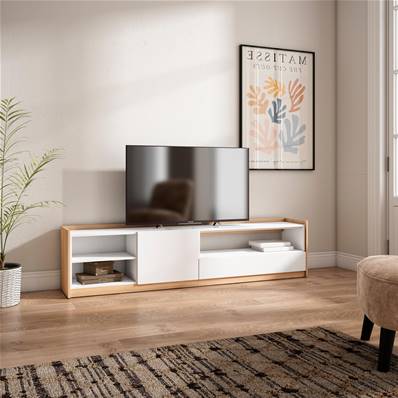 Mueble TV, Televisión, 207x50x37 cm, Para TV hasta 80", Con almacenamiento, Blanco y roble soft