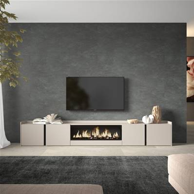 Mueble TV, Televisión, 315x50x35 cm, Para TV hasta 80", Chimenea eléctrica XXL, Beige