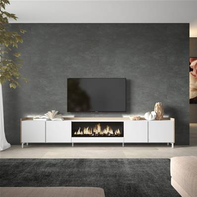 Mueble TV, Televisión, 315x61x35 cm, Para TV hasta 80", Chimenea eléctrica XXL, Diseño industrial, LED, Blanco y roble soft