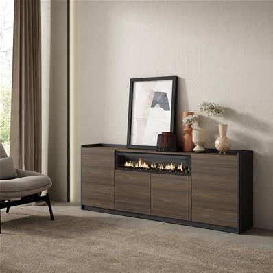 Aparadores para salón, 207x80x37 cm, 4 Puertas, Chimenea eléctrica, Roble oscuro y Negro