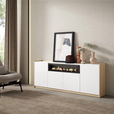 Aparadores para salón, 207x80x37 cm, 4 Puertas, Chimenea eléctrica, Blanco y roble soft