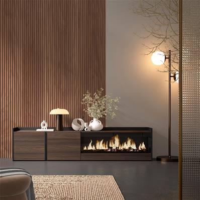 Mueble TV, Televisión, 212x50x35 cm, Para TV hasta 80", Chimenea eléctrica XXL, Roble oscuro y Negro
