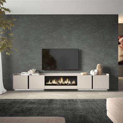 Mueble TV, Televisión, 315x50x35 cm, Para TV hasta 80", Chimenea eléctrica XXL, Colgado, Suspendido, LED, Beige