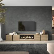 Mueble TV, Televisión, 315x50x35 cm, Para TV hasta 80", Chimenea eléctrica XXL, Roble y negro