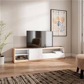 Mueble TV, Televisión, 207x50x37 cm, Para TV hasta 80", Con almacenamiento, Blanco y roble soft