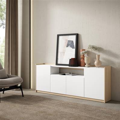 Aparadores para salón, 207x80x37 cm, 4 Puertas, Armario, zapatero, Blanco y roble soft
