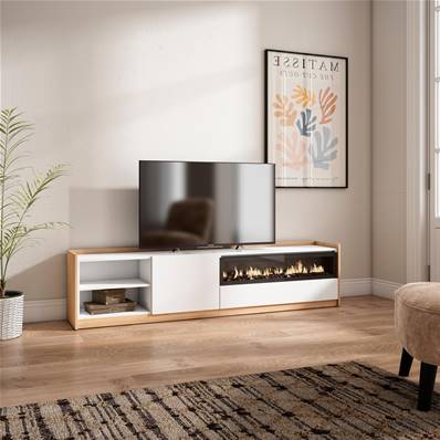 Mueble TV, Televisión, 207x50x37 cm, Para TV hasta 80", Chimenea eléctrica, Blanco y roble soft