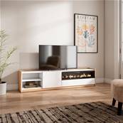 Mueble TV, Televisión, 207x50x37 cm, Para TV hasta 80", Chimenea eléctrica, Blanco y roble soft